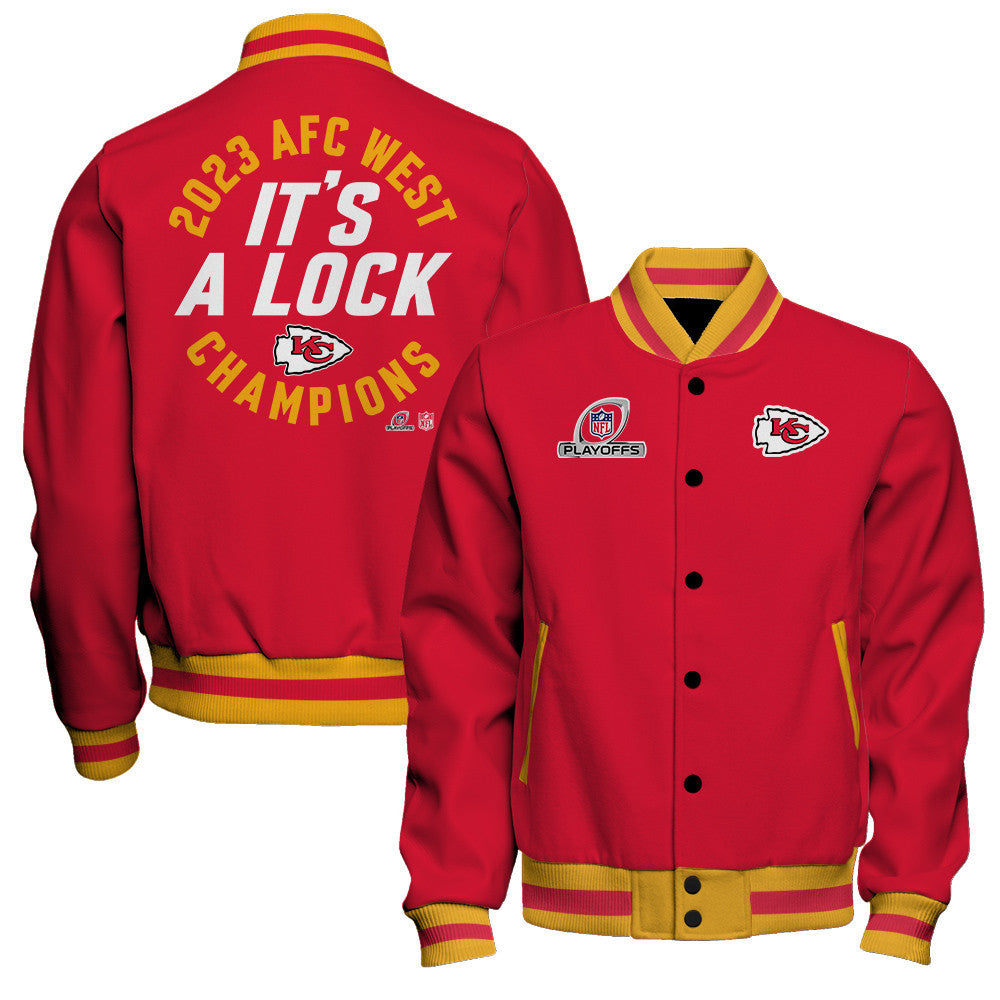 Kansas City Chiefs 2023 AFC West Division Champions Locker Room Trophy Baseball Jacket - Red - All-Over-Printed Jacket