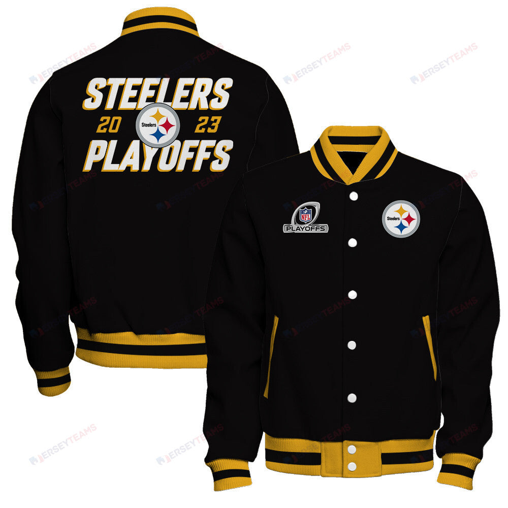 Pittsburgh Steelers 2023 Playoffs Iconic Baseball Jacket - Black - All-Over-Printed Jacket