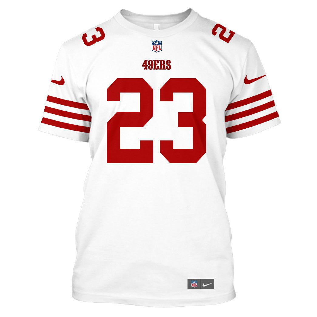 Christian McCaffrey 23 San Francisco 49ers All Over Print T-shirt - White