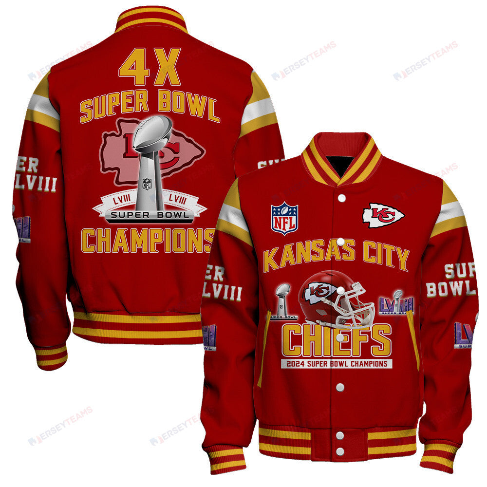 Kansas City Chiefs 4th Super Bowl Champions Super Bowl LVIII Baseball Jacket - Red - All-Over-Printed Jacket