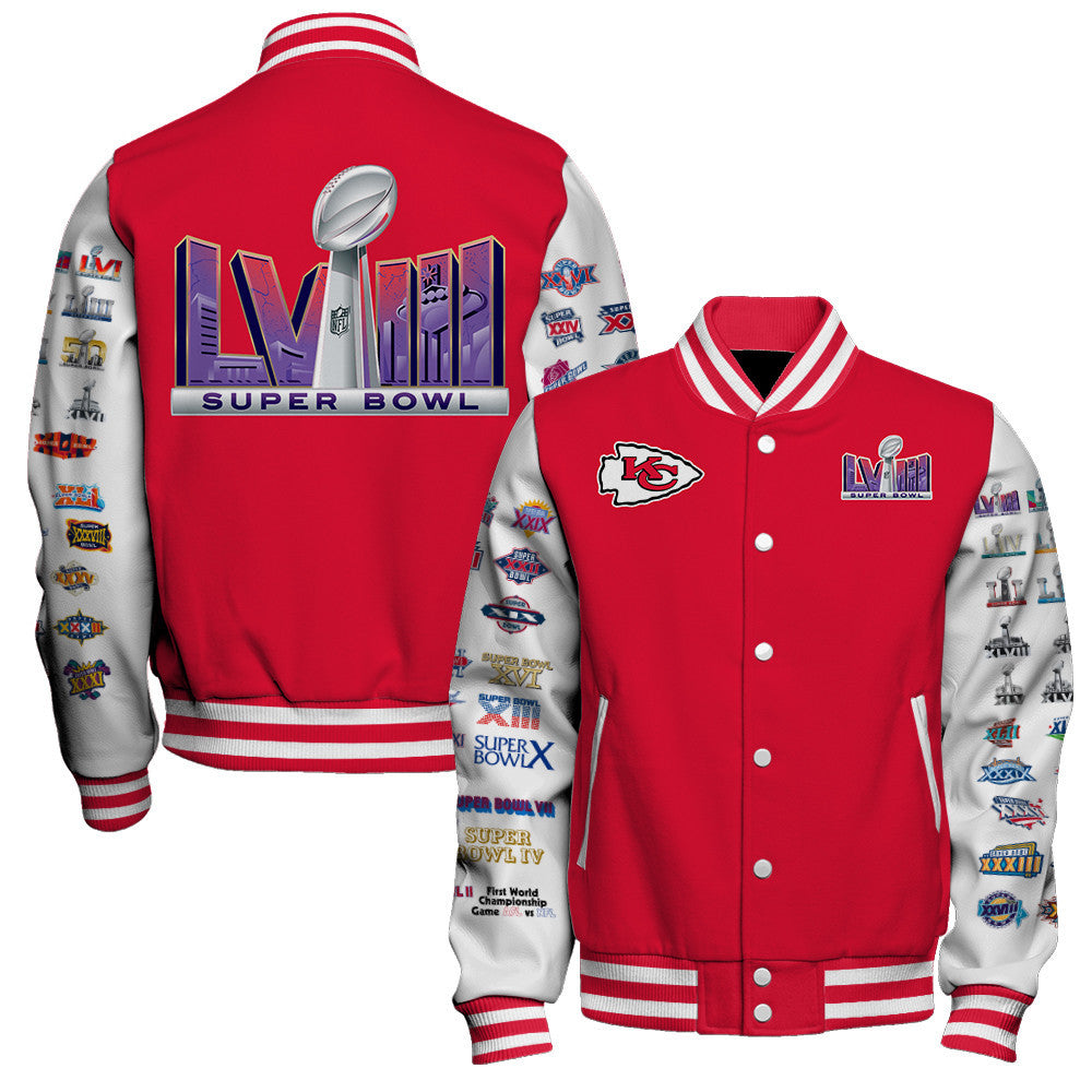 Kansas City Chiefs Super Bowl LVIII Baseball Jacket - Red - All-Over-Printed Jacket