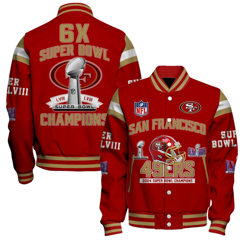 San Francisco 49ers 6th Super Bowl Champions Super Bowl LVIII Baseball Jacket - Red - All-Over-Printed Jacket