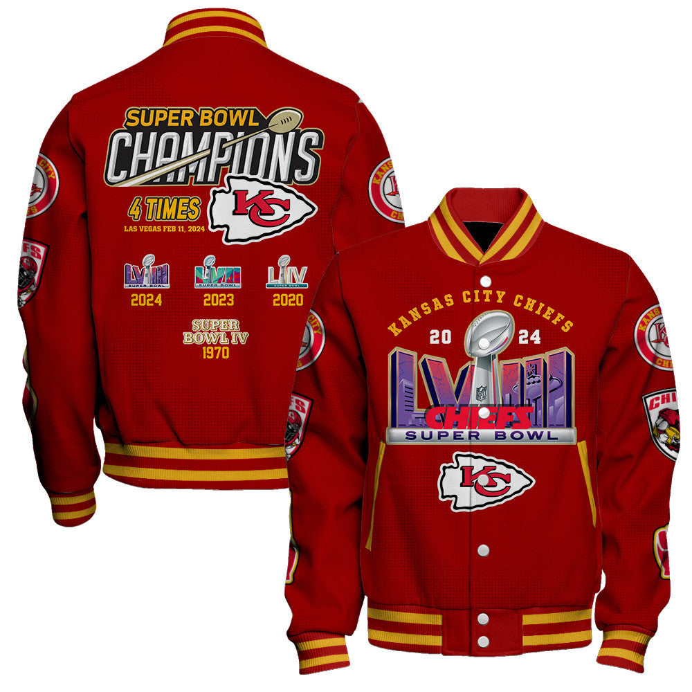 Kansas City Chiefs 4 Times Champions Super Bowl LVIII Baseball Jacket - Red - All-Over-Printed Jacket