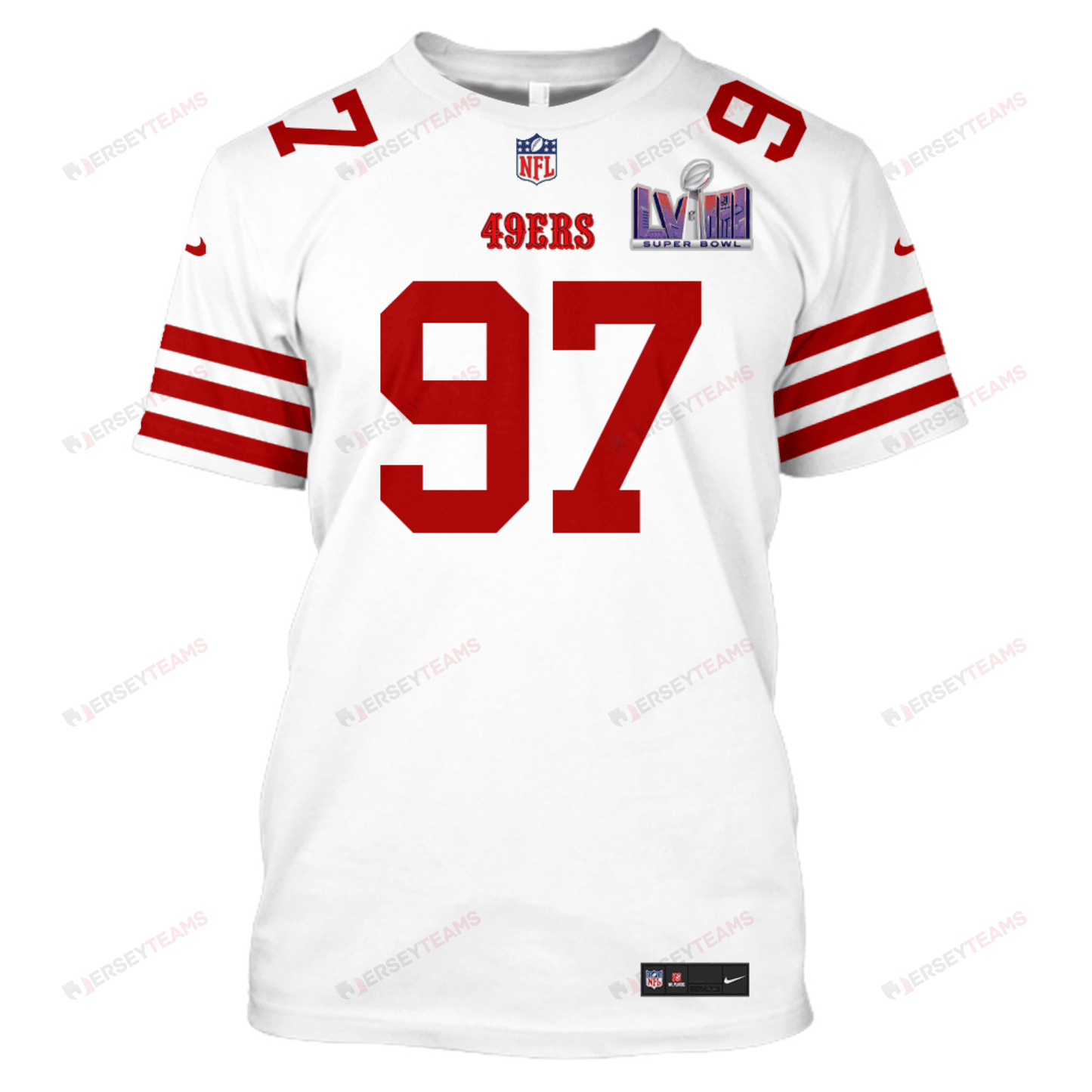 Nick Bosa 97 San Francisco 49ers Super Bowl LVIII All Over Print T-shirt - White