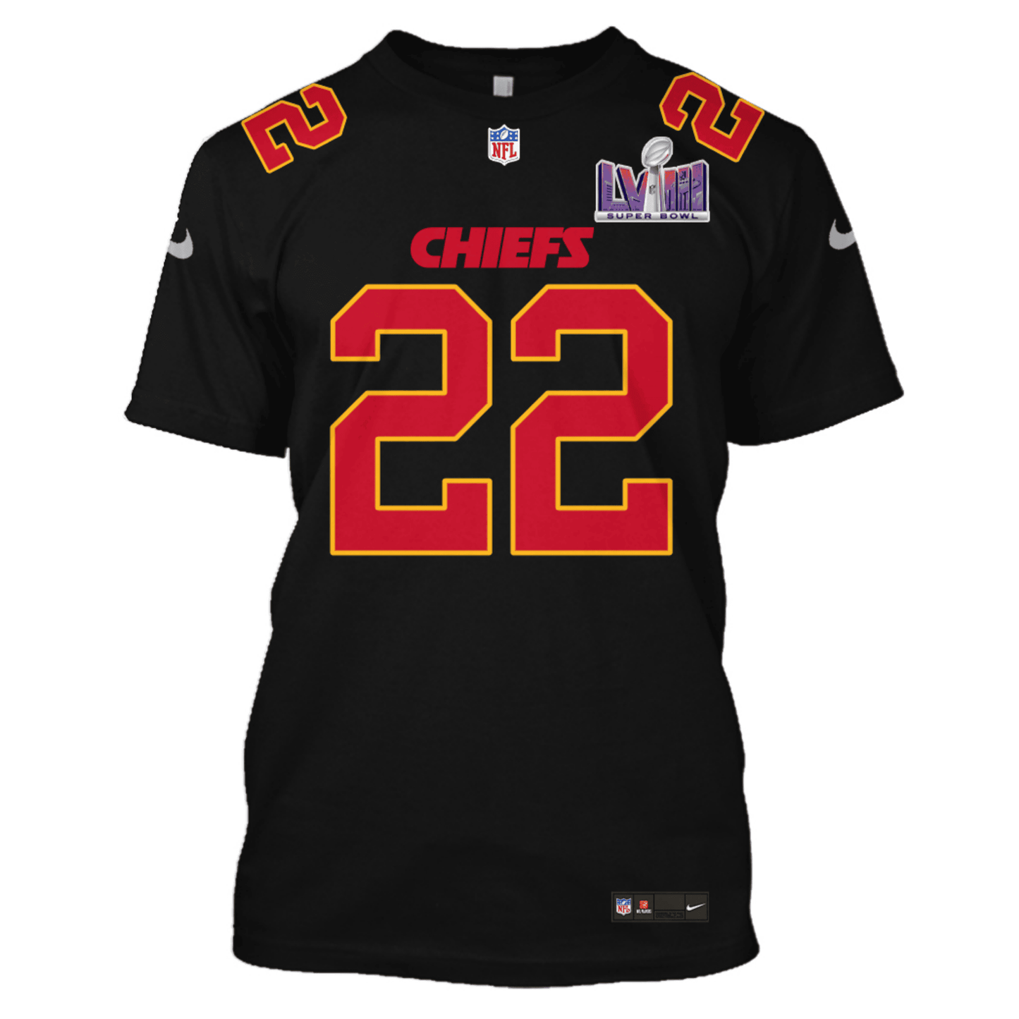 Trent McDuffie 22 Kansas City Chiefs Super Bowl LVIII All Over Print T-shirt - Black