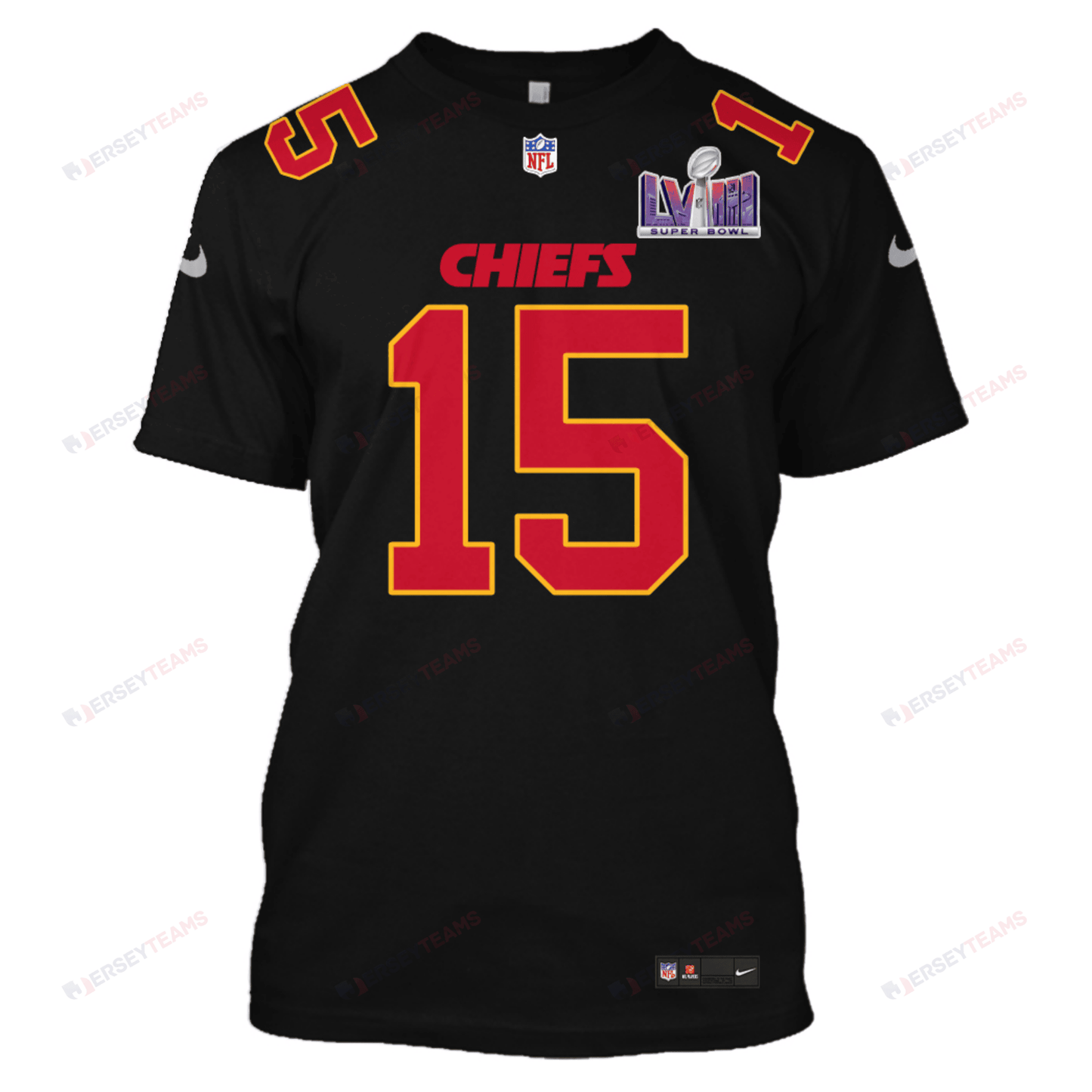Patrick Mahomes 15 Kansas City Chiefs Super Bowl LVIII All Over Print T-shirt - Black