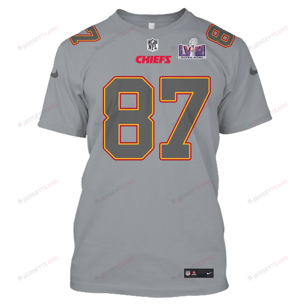 Travis Kelce 87 Kansas City Chiefs Super Bowl LVIII All Over Print T-shirt - Gray