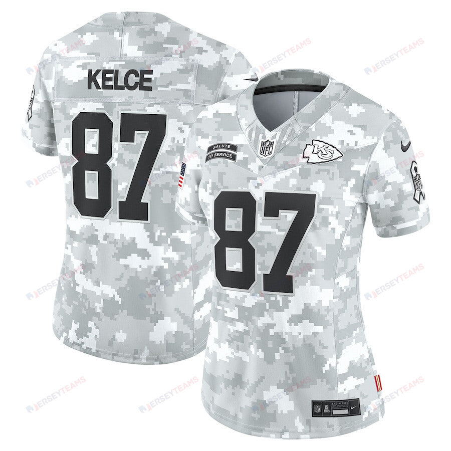 Travis Kelce 87 Kansas City Chiefs Women's 2024 Salute to Service Limited Jersey - Arctic Camo