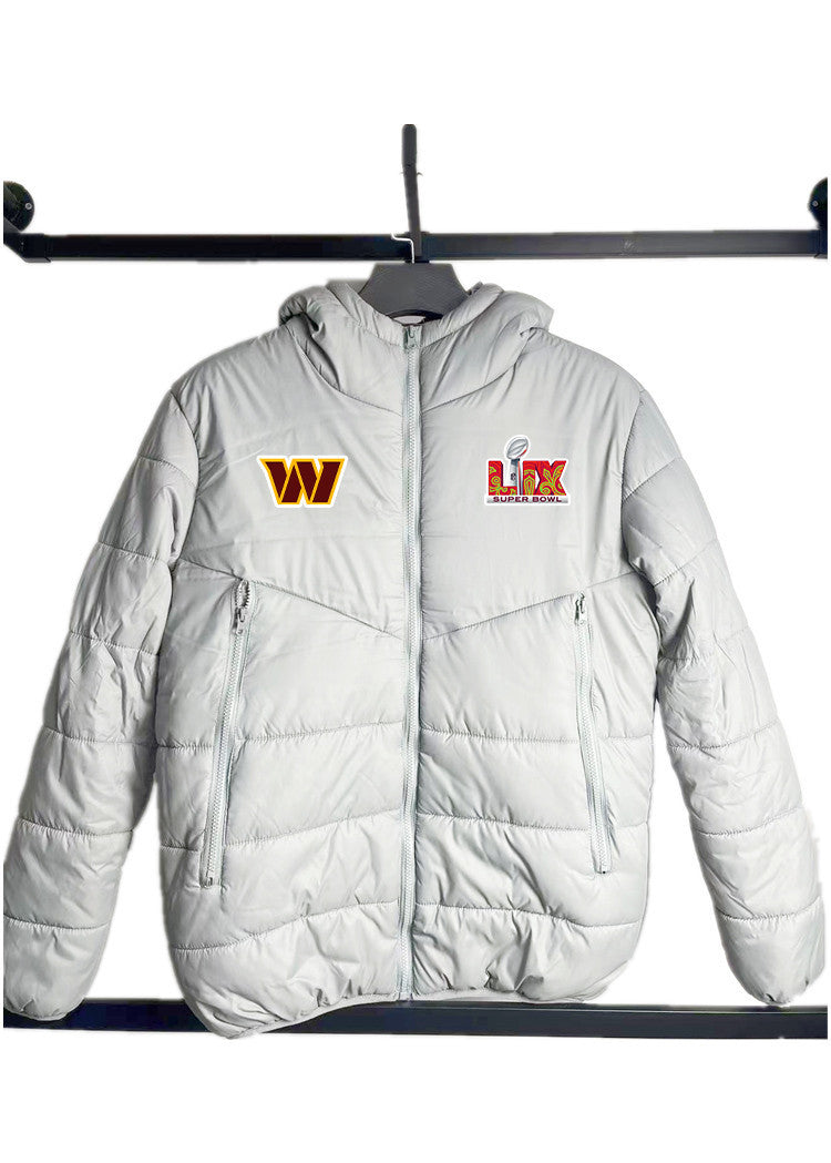 Washington Commanders Super Bowl LIX Patch Hooded Puffer Jacket - Grey