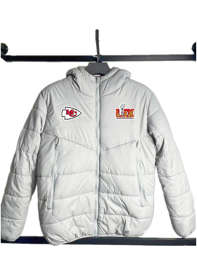 Kansas City Chiefs Super Bowl LIX Patch Hooded Puffer Jacket - Grey