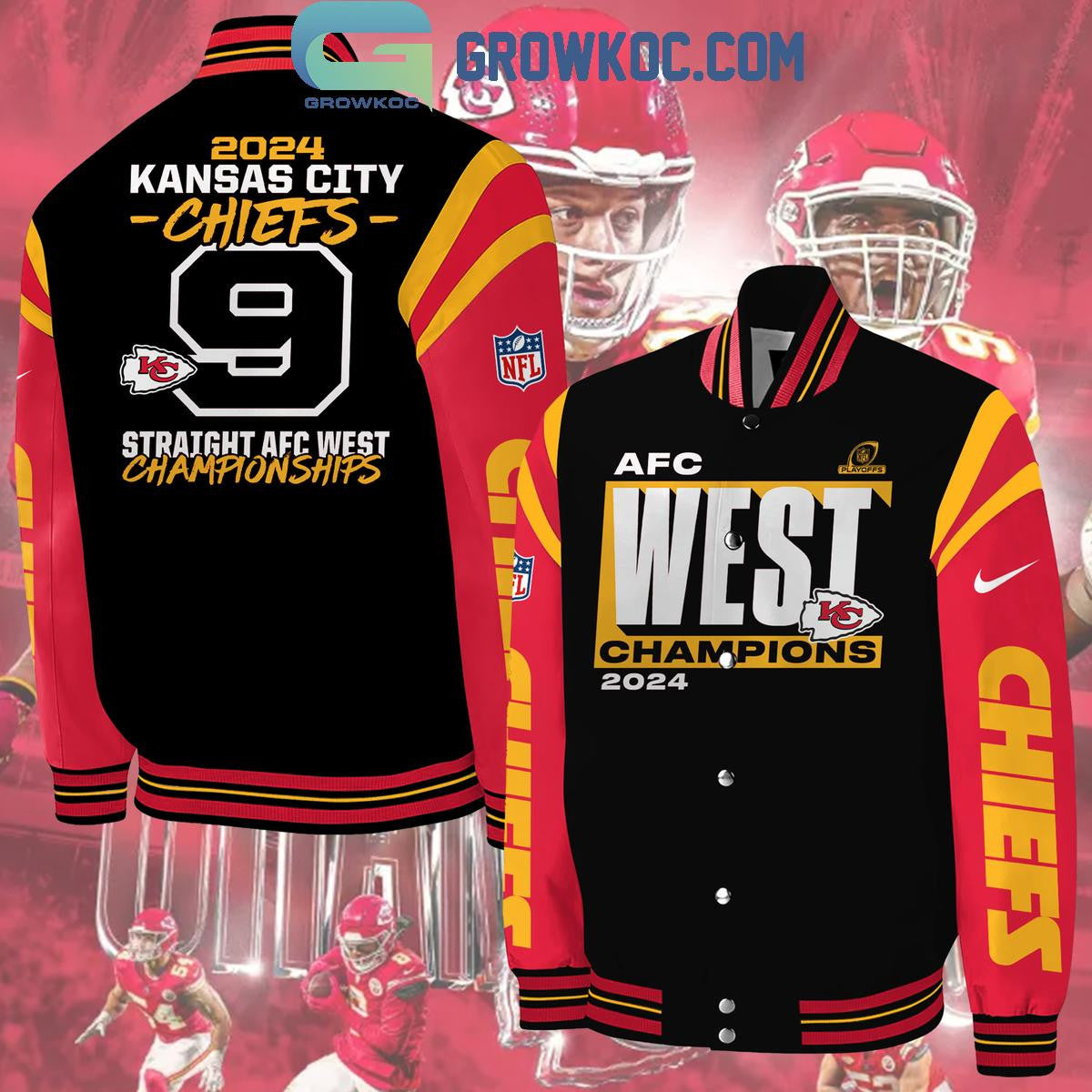 Kansas City Chiefs AFC West 2024 Division Champions Celebrating Baseball Jacket - All Over Printed - Black - All-Over-Printed Jacket