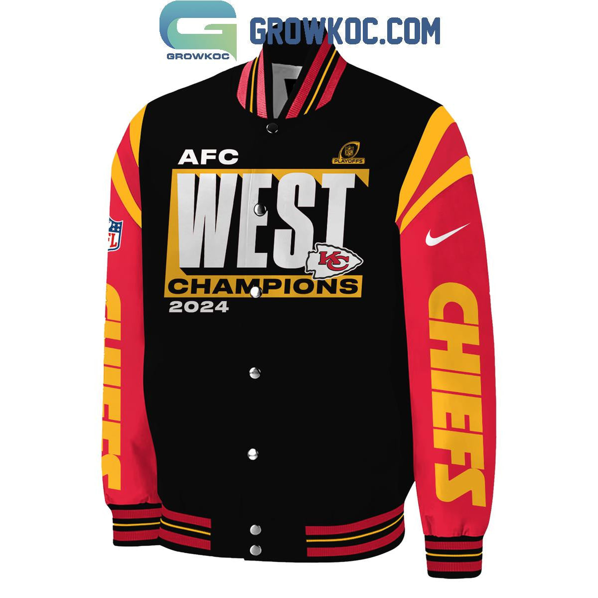 Kansas City Chiefs AFC West 2024 Division Champions Celebrating Baseball Jacket - All Over Printed - Black - All-Over-Printed Jacket