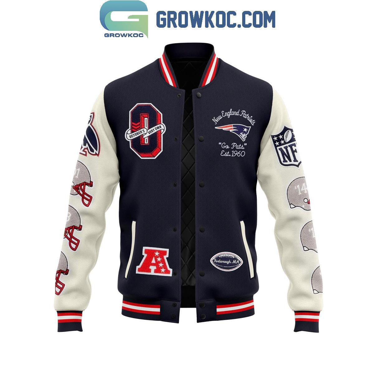 New England Patriots Go Pats Est 1960 Fan Baseball Jacket - All Over Printed - Navy - All-Over-Printed Jacket