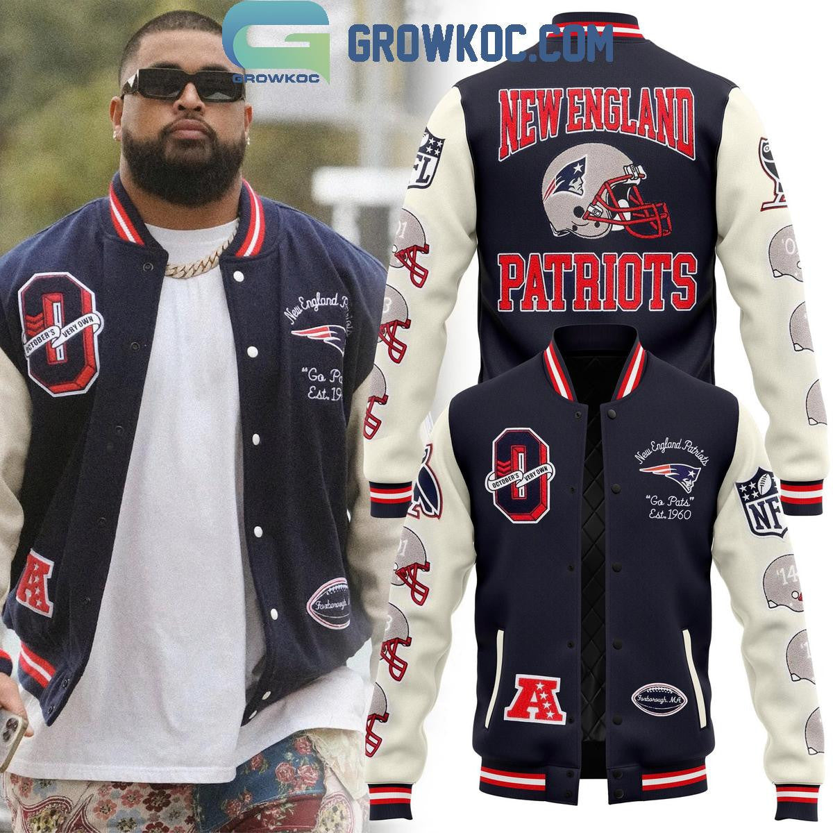 New England Patriots Go Pats Est 1960 Fan Baseball Jacket - All Over Printed - Navy - All-Over-Printed Jacket