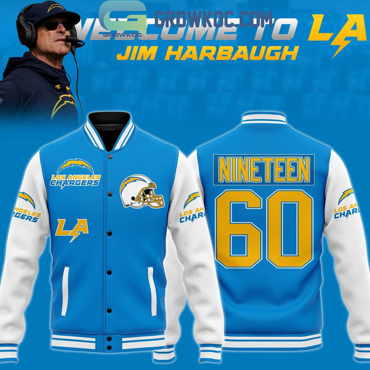 Los Angeles Chargers Jim Harbaugh Est 1960 Nineteen 2024 Baseball Jacket - All Over Printed - Blue - All-Over-Printed Jacket