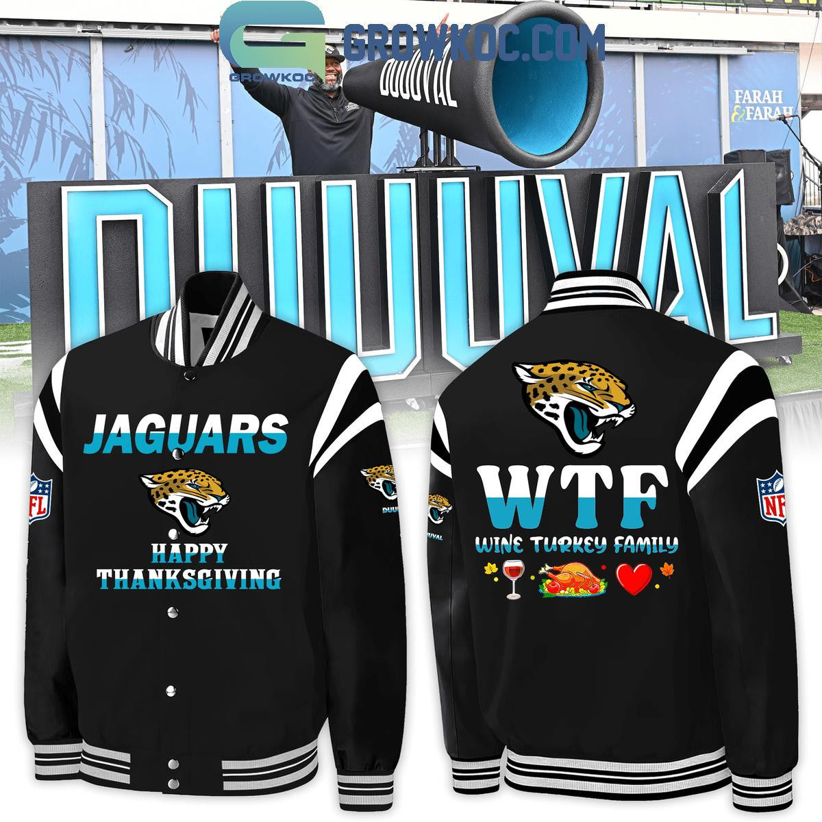 Jacksonville Jaguars Wine Turkey Family Thanksgiving Football Baseball Jacket - All Over Printed - Black - All-Over-Printed Jacket