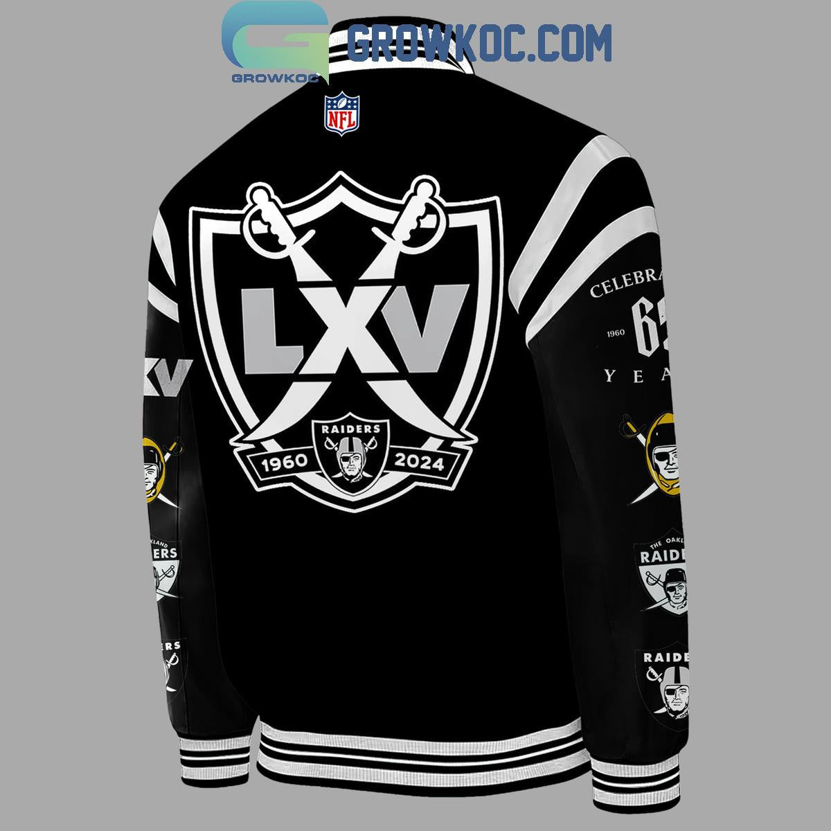 Las Vegas Raiders Celebrating 65 Years Of Legacy Fan Baseball Jacket - All Over Printed - Black - All-Over-Printed Jacket
