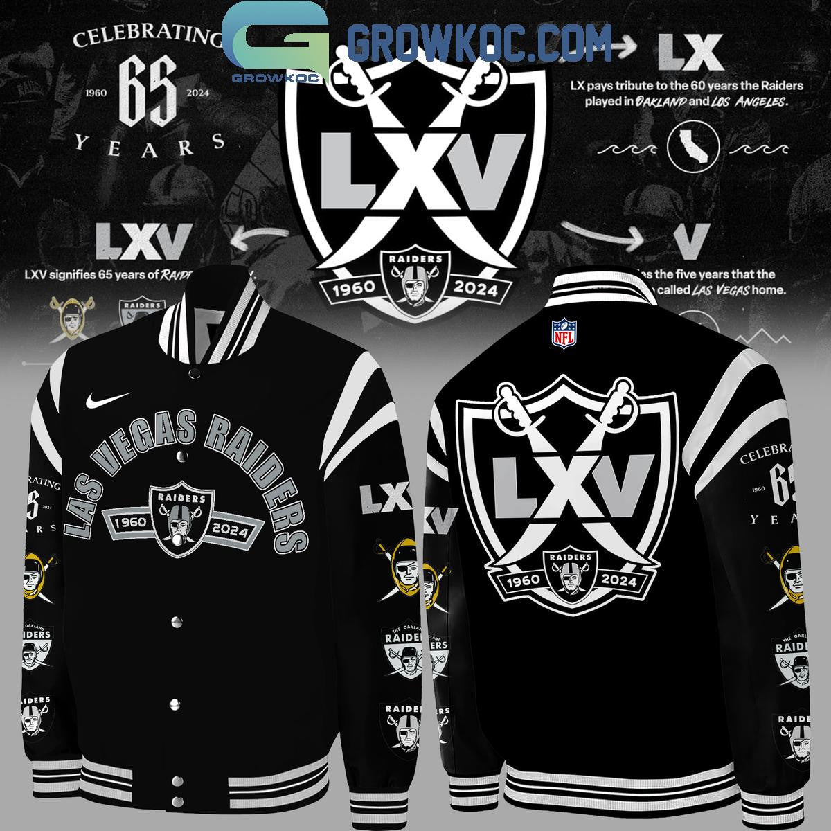Las Vegas Raiders Celebrating 65 Years Of Legacy Fan Baseball Jacket - All Over Printed - Black - All-Over-Printed Jacket