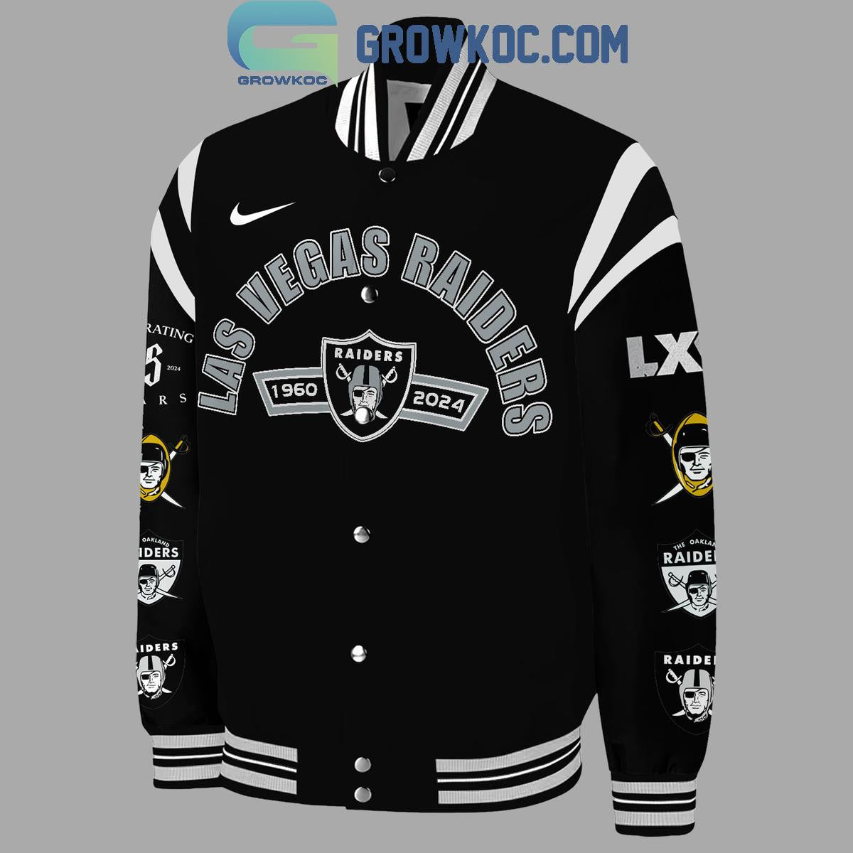 Las Vegas Raiders Celebrating 65 Years Of Legacy Fan Baseball Jacket - All Over Printed - Black - All-Over-Printed Jacket