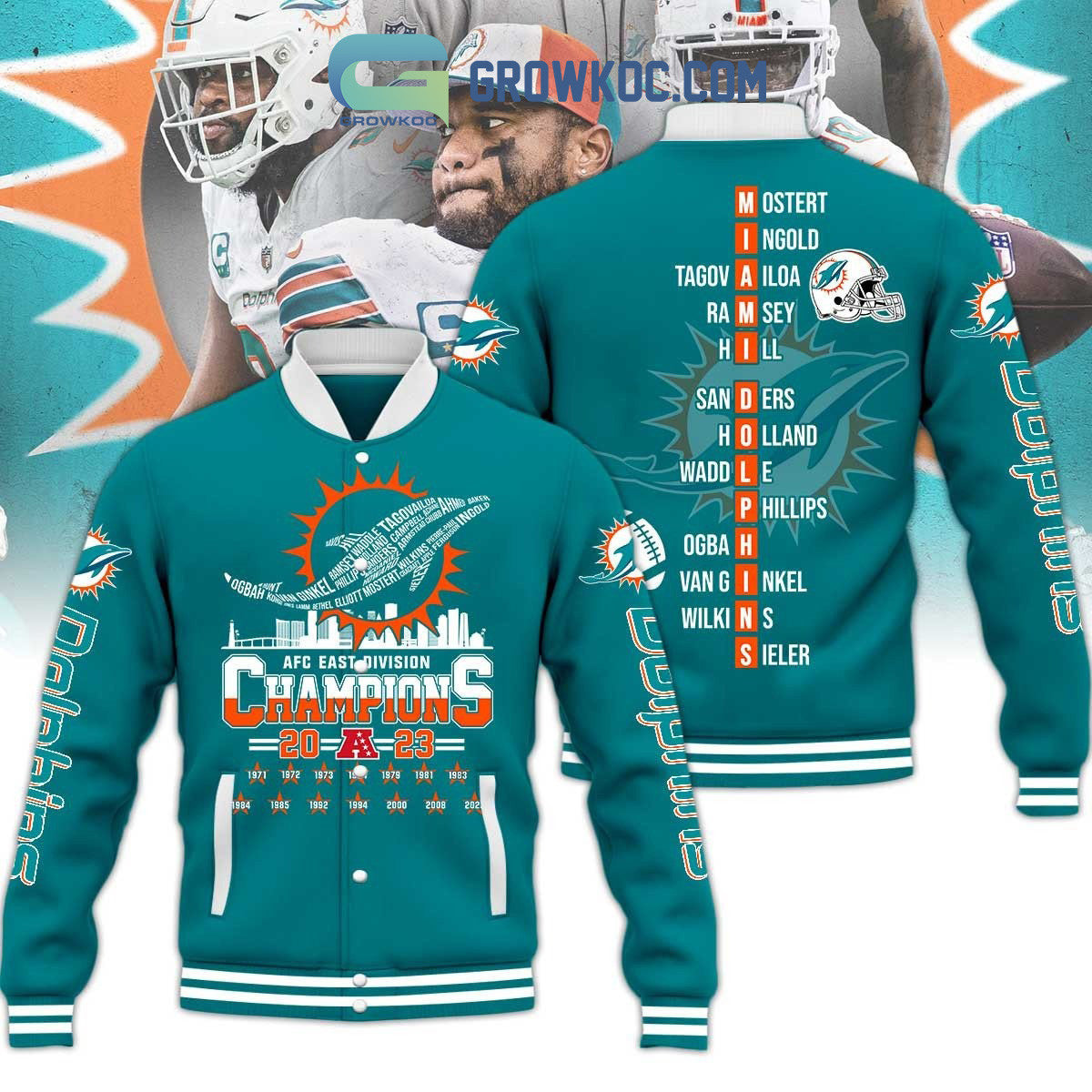 Miami Dolphins AFC East Division Champions 2023 Baseball Jacket - All Over Printed - Aqua - All-Over-Printed Jacket