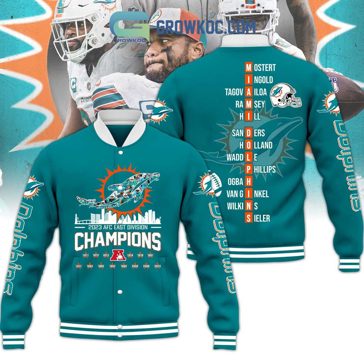 AFC East Division Champions 2023 Miami Dolphins Baseball Jacket - All Over Printed - Aqua - All-Over-Printed Jacket