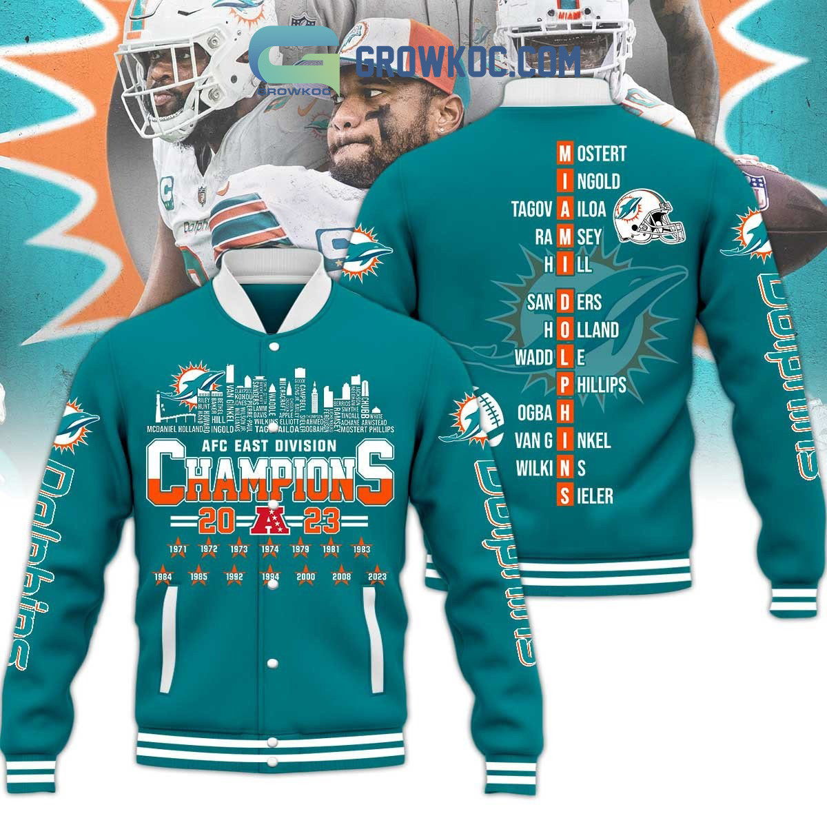 Miami Dolphins AFC Champions 2023 Baseball Jacket - All Over Printed - Aqua - All-Over-Printed Jacket