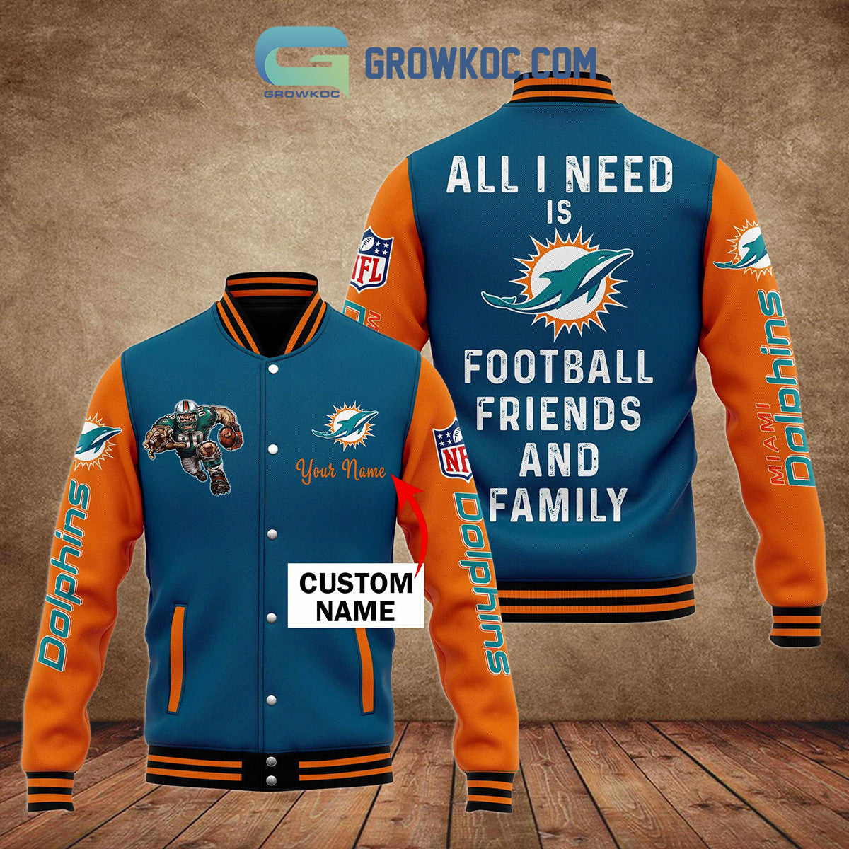 Miami Dolphins All I Need Is Football Friends And Family Custom Name Baseball Jacket - All Over Printed - Blue - All-Over-Printed Jacket