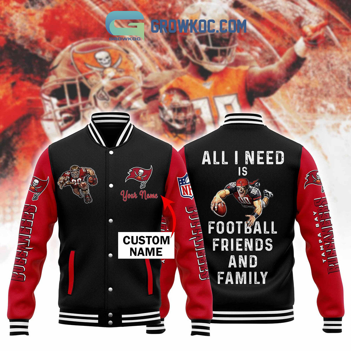 Tampa Bay Buccaneers All I Need Is Football Friends And Family Custom Name Baseball Jacket - All Over Printed - Black - All-Over-Printed Jacket
