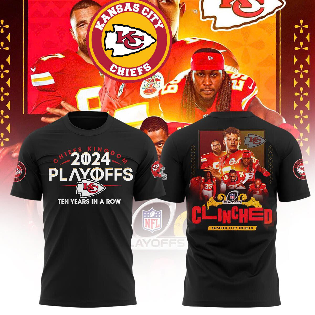 Kansas City Chiefs NFC Playoffs AFC West Clinched 2024 Ten Years All Over Printed T-Shirt - Black