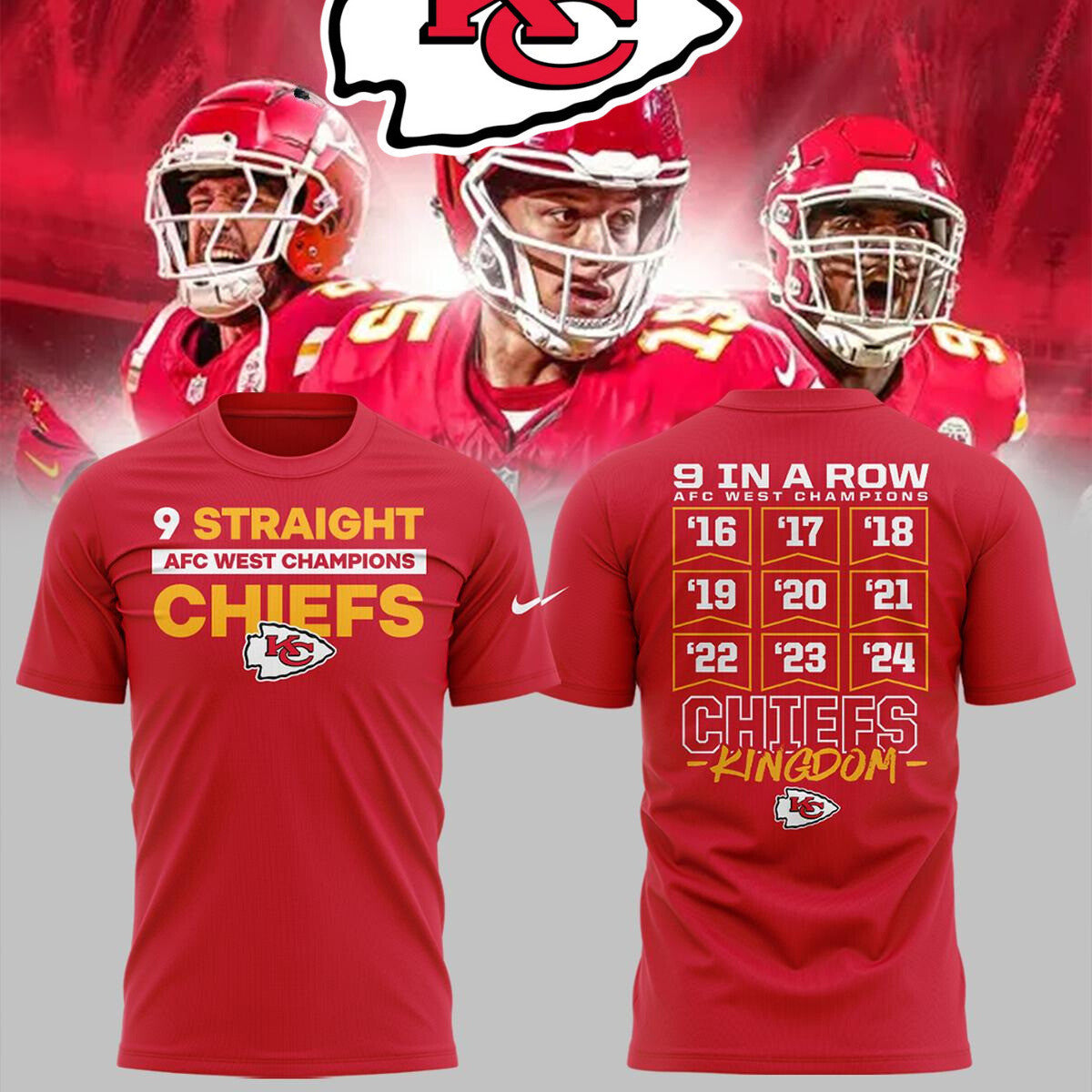 Kansas City Chiefs AFC West Champs Celebrate 9th Time All Over Printed T-Shirt - Red