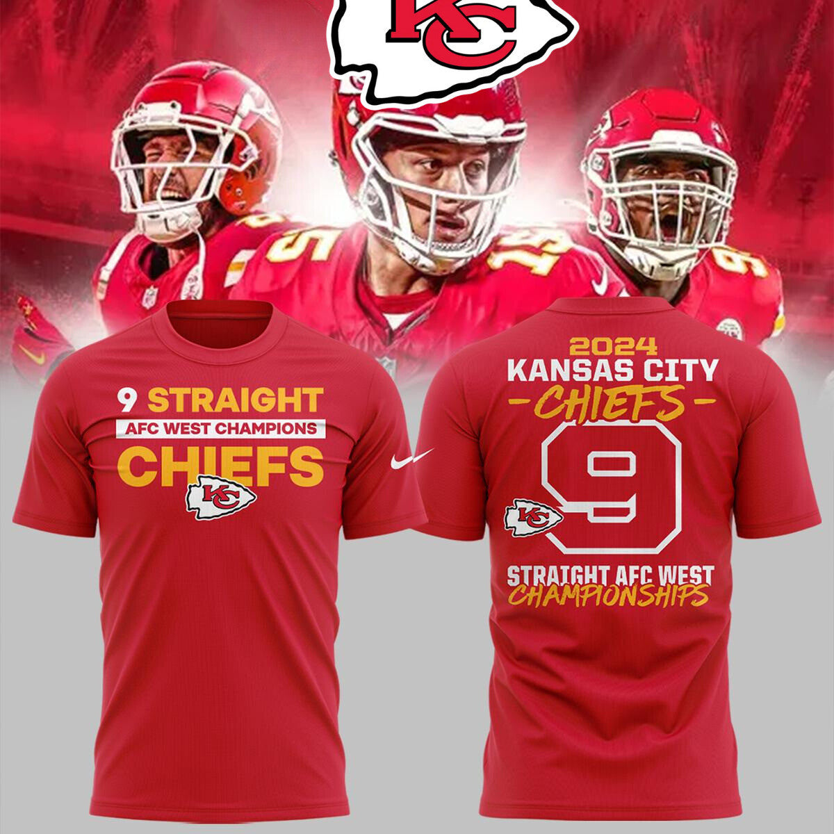 Kansas City Chiefs AFC West Champions 9 Straight 2024 All Over Printed T-Shirt - Red