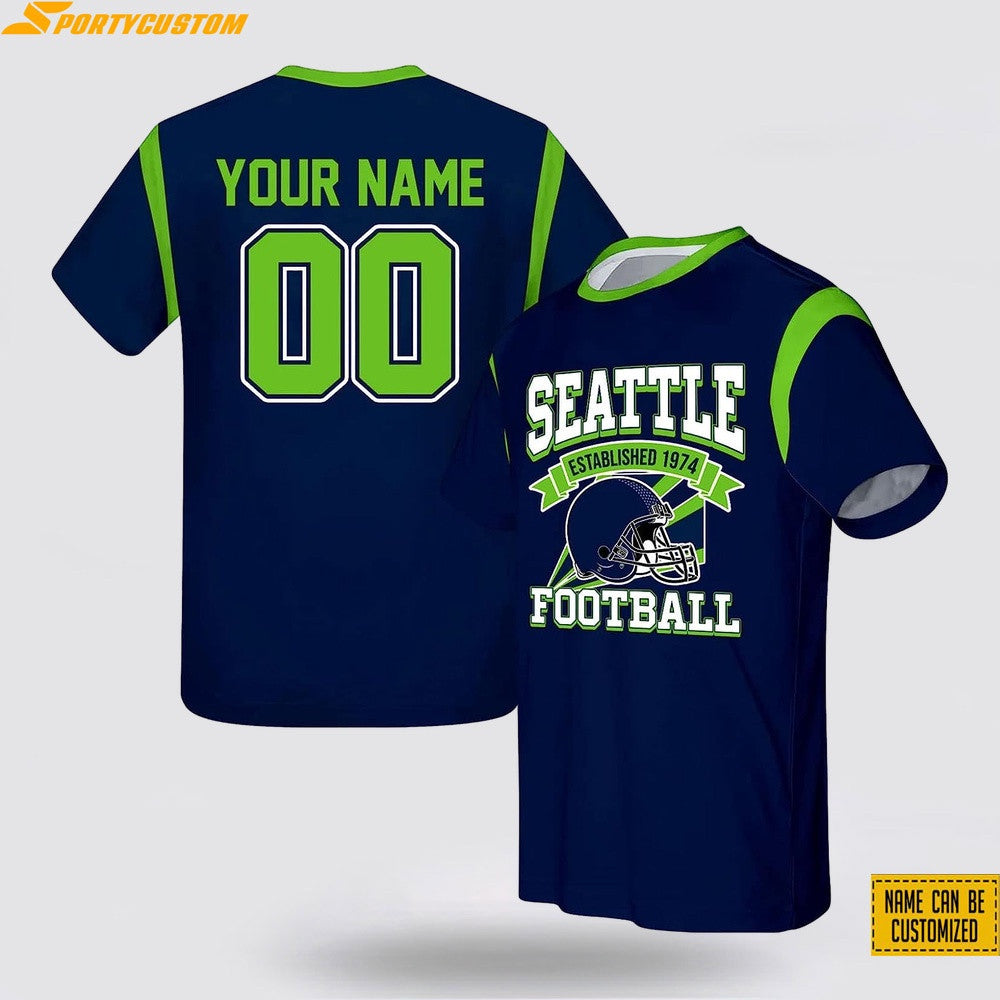 Seattle Seahawks Custom Name & Number All Over Printed T-Shirt - Navy