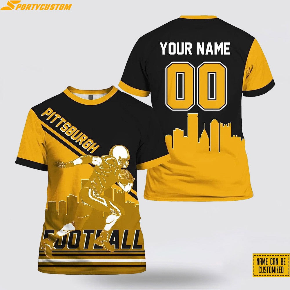 Pittsburgh Steelers Player Custom Name & Number All Over Printed T-Shirt - Black/Gold