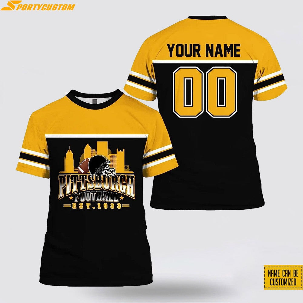 Pittsburgh Steelers Custom Name & Number All Over Printed T-Shirt - Gold Black