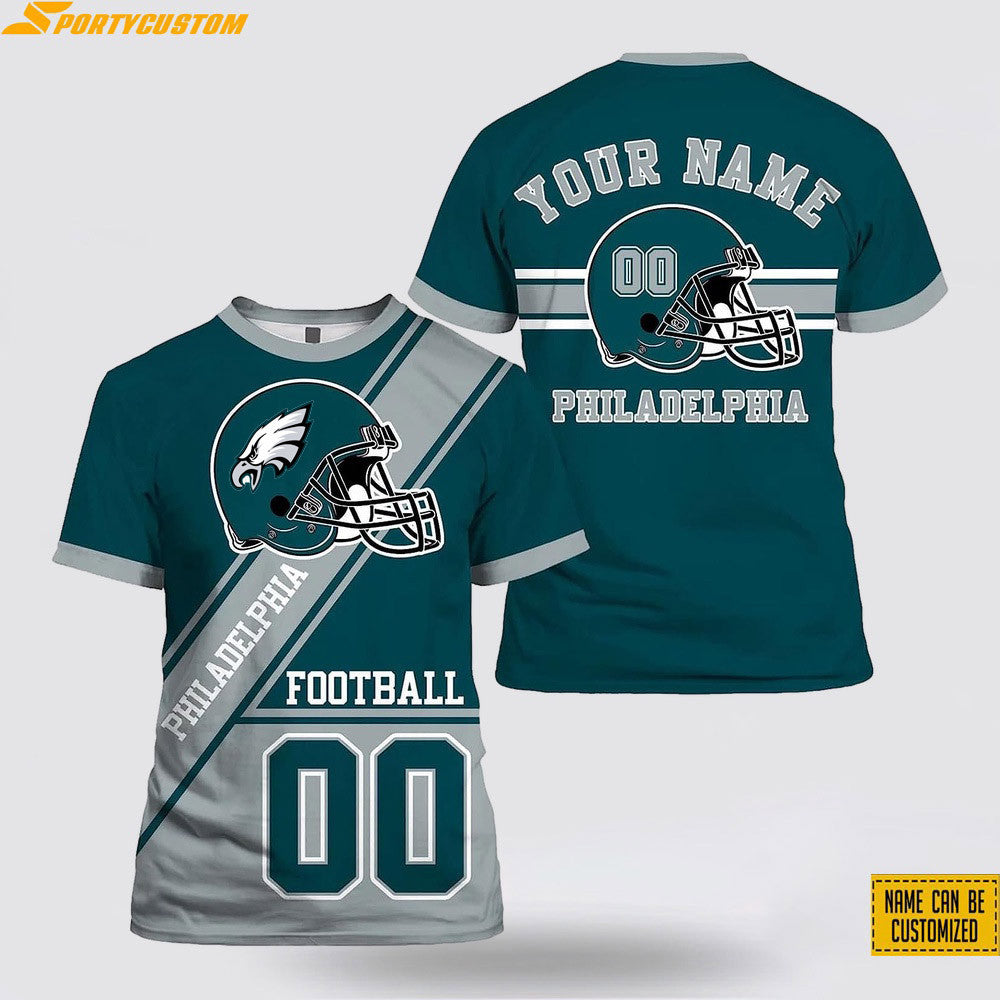 Philadelphia Eagles Helmet Custom Name & Number All Over Printed T-Shirt - Midnight Green/Silver