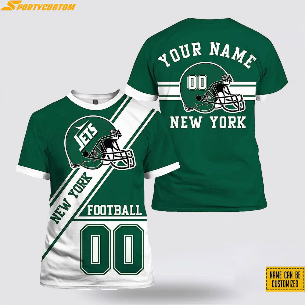 New York Jets Helmet Custom Name & Number All Over Printed T-Shirt - Green