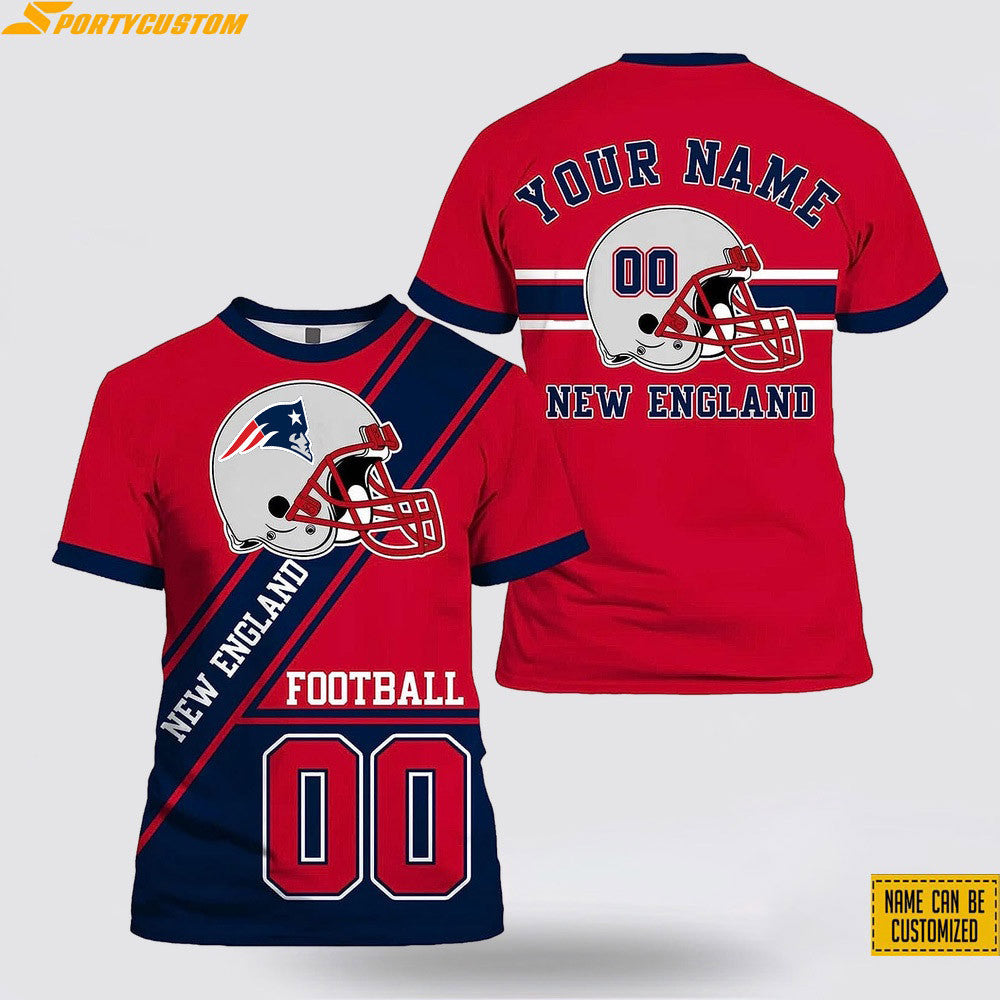 New England Patriots Helmet Custom Name & Number All Over Printed T-Shirt - Red/Navy