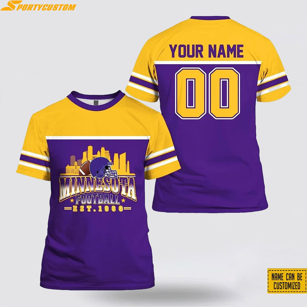 Minnesota Vikings City Custom Name & Number All Over Printed T-Shirt - Yellow/Purple