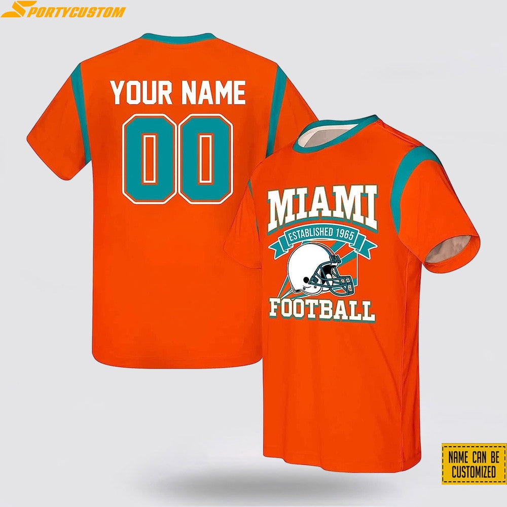 Miami Dolphins Helmet Custom Name & Number All Over Printed T-Shirt - Orange
