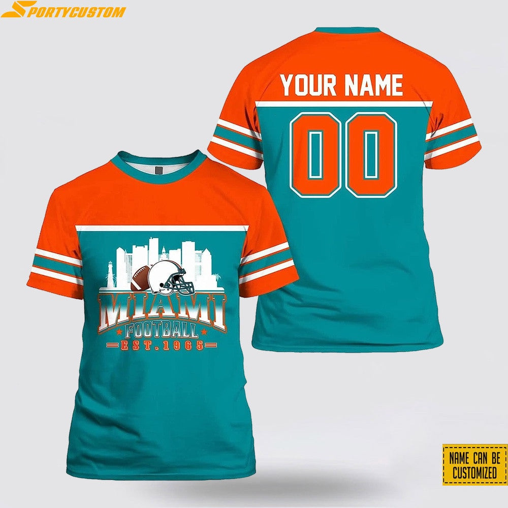 Miami Dolphins City Custom Name & Number All Over Printed T-Shirt - Orange/Aqua