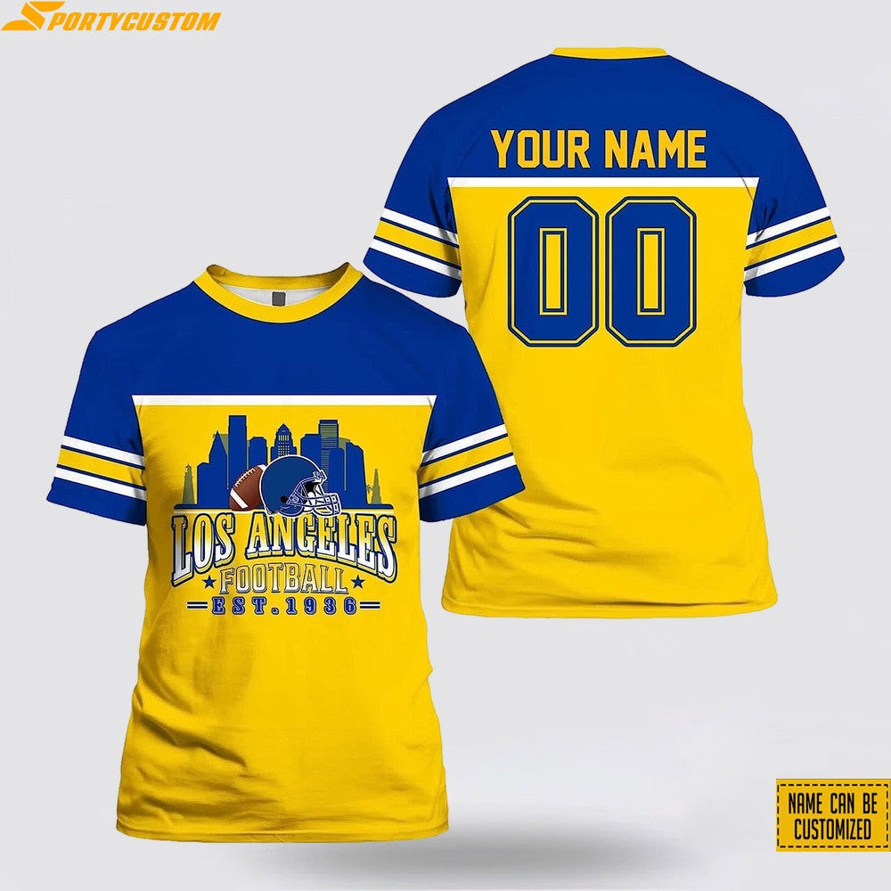 Los Angeles Rams City Custom Name & Number All Over Printed T-Shirt - Blue/Yellow