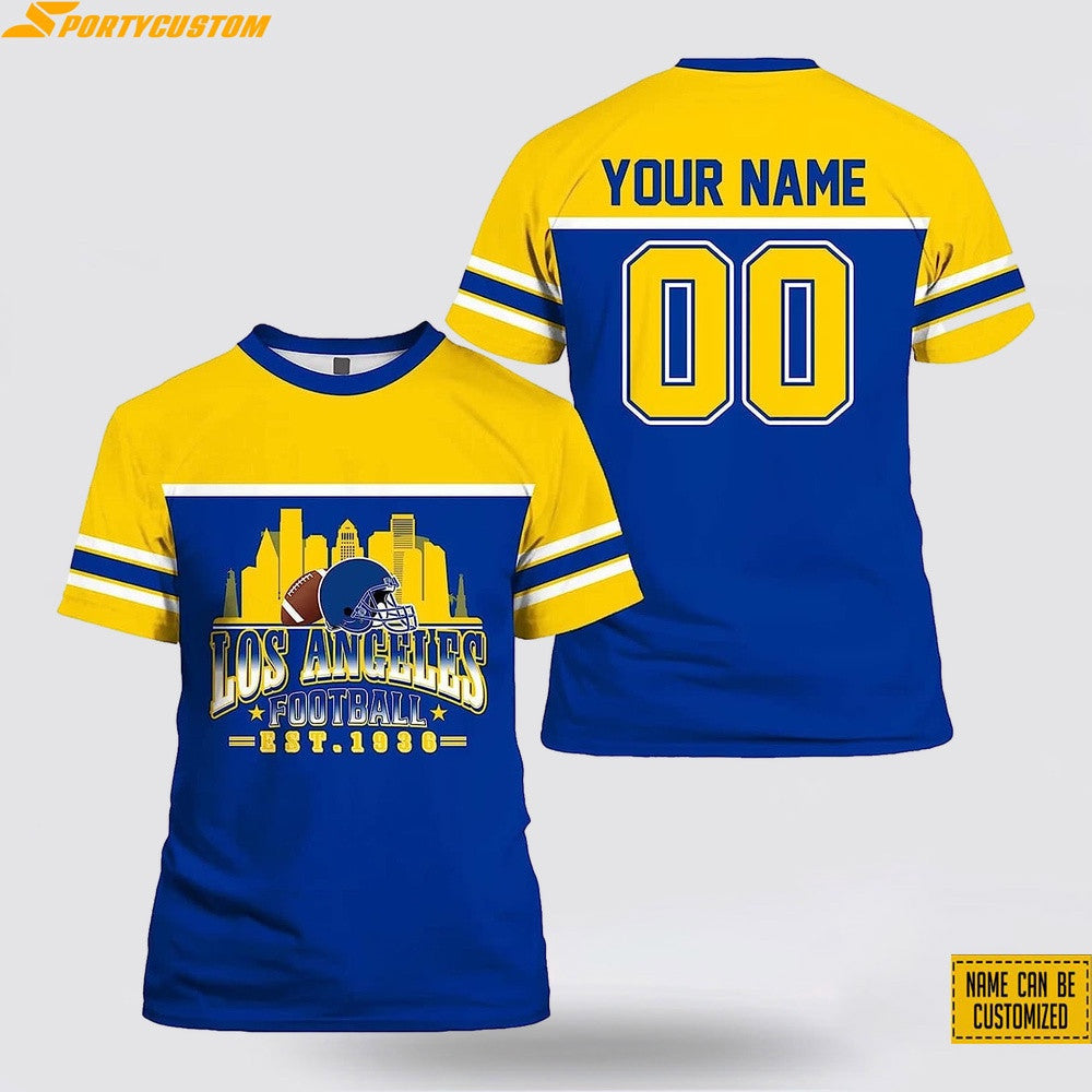 Los Angeles Rams City Custom Name & Number All Over Printed T-Shirt - Yellow/Blue
