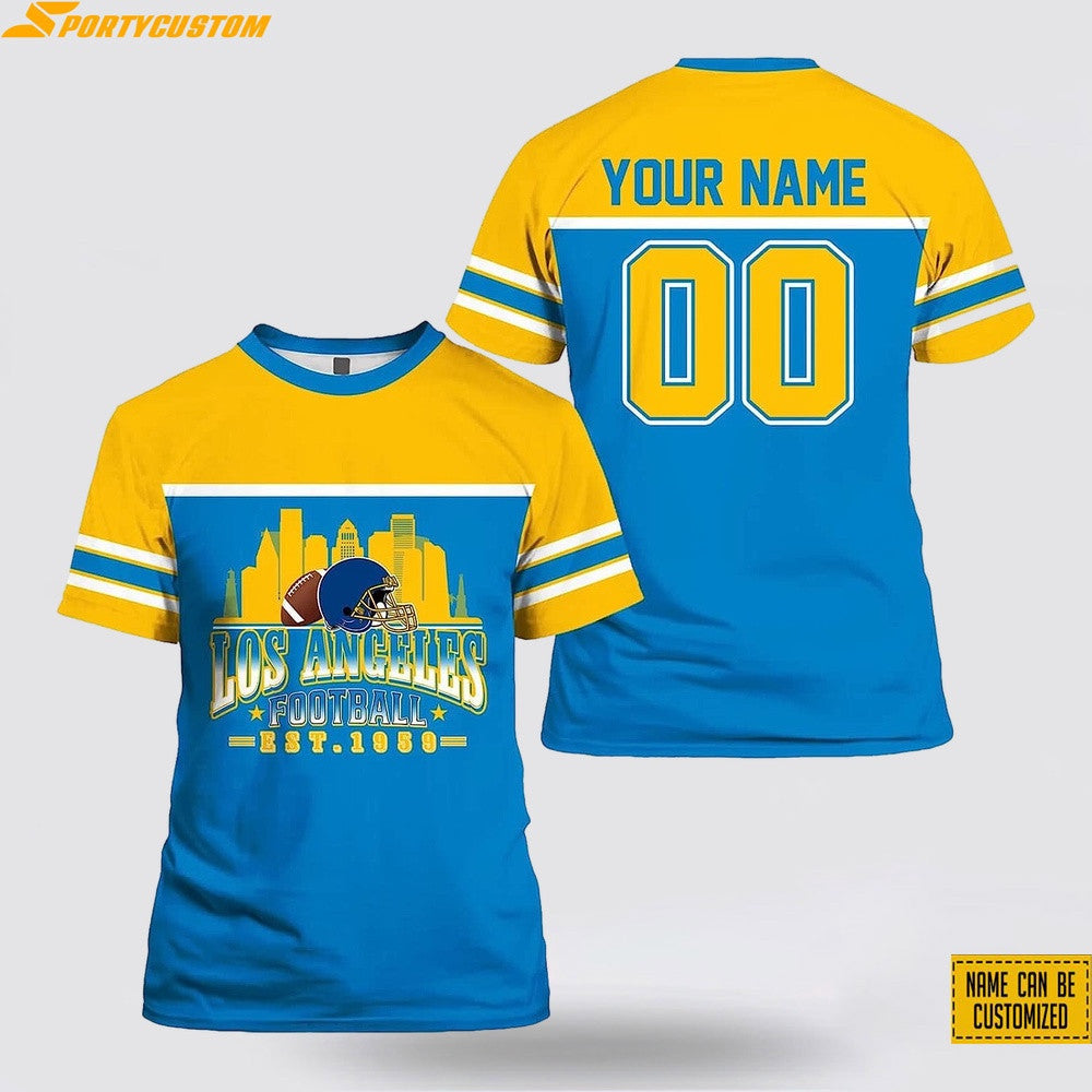 Los Angeles Chargers City Custom Name & Number All Over Printed T-Shirt - Gold/Powder Blue