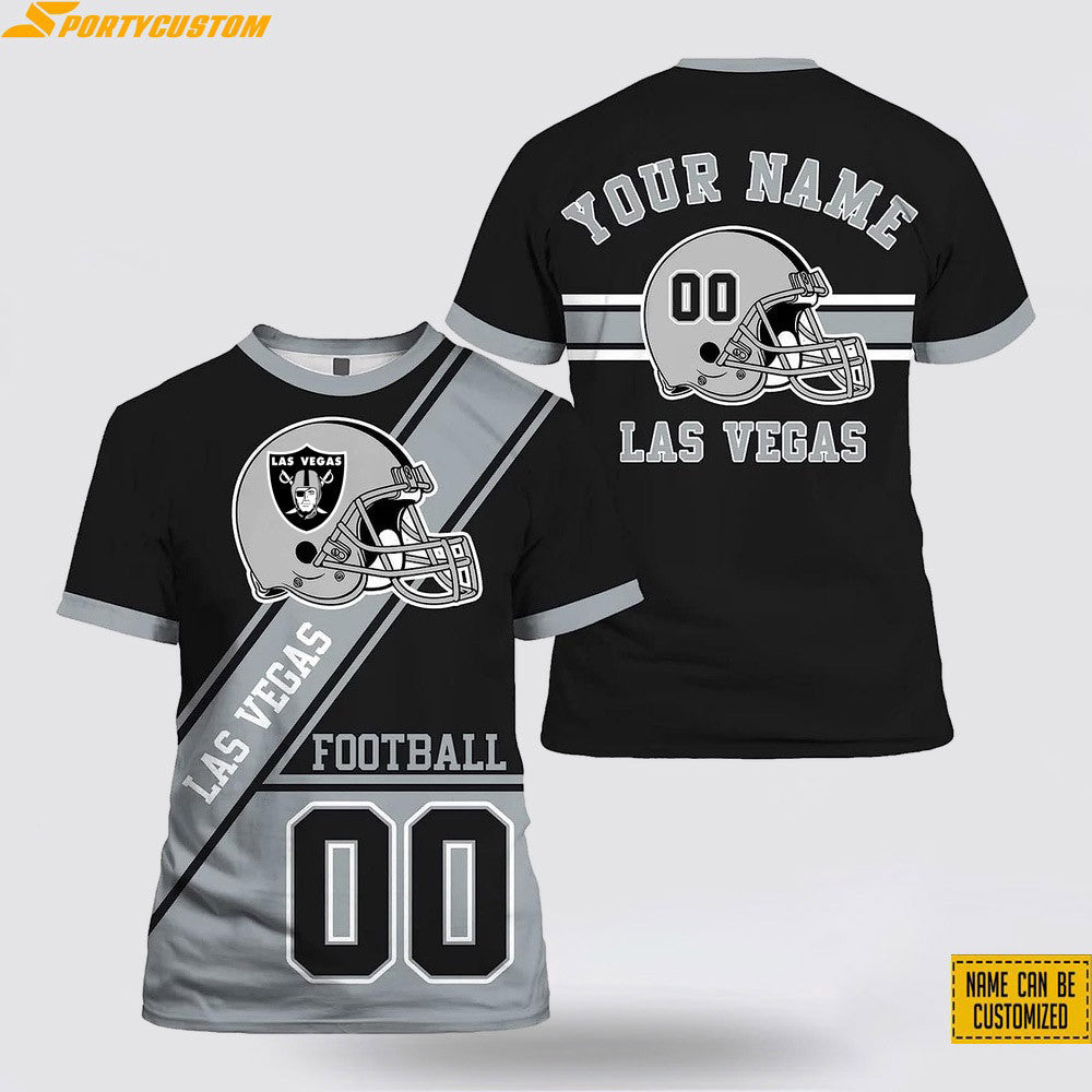 Las Vegas Raiders Helmet Custom Name & Number All Over Printed T-Shirt - Black/Silver