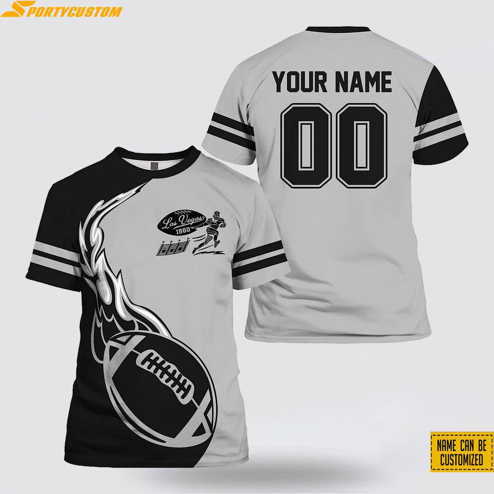 Las Vegas Raiders Fire Ball Custom Name & Number All Over Printed T-Shirt - Black/Silver