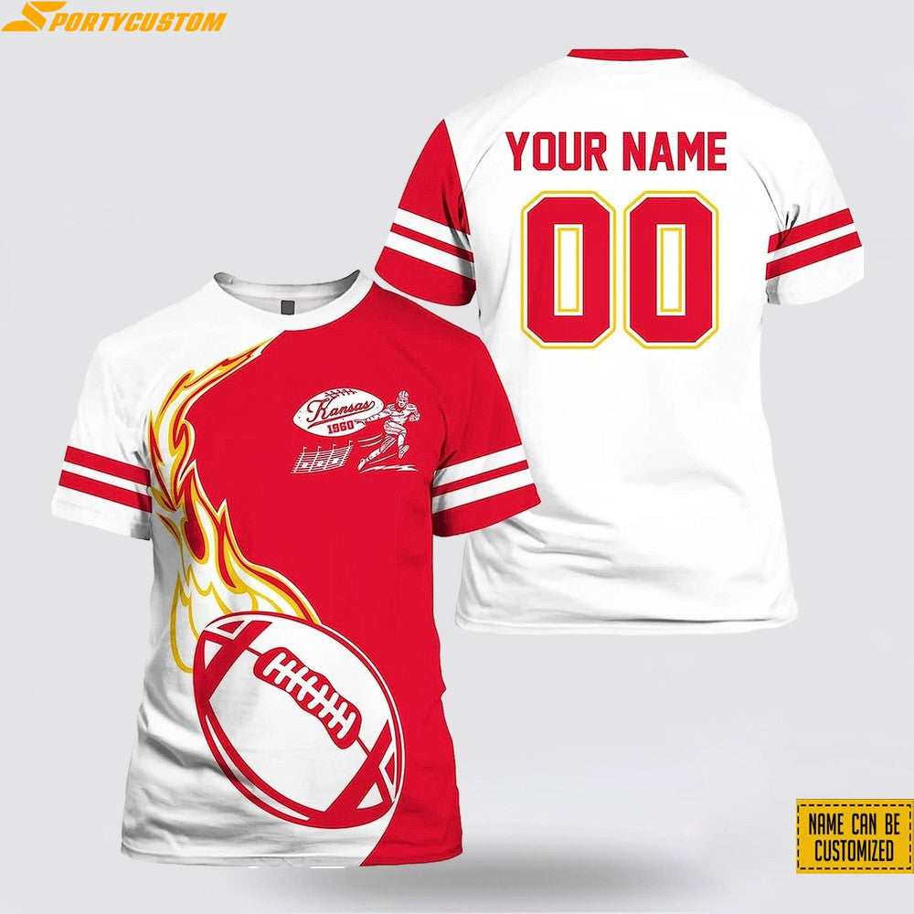 Kansas City Chiefs Fire Ball Custom Name & Number All Over Printed T-Shirt - White/Red