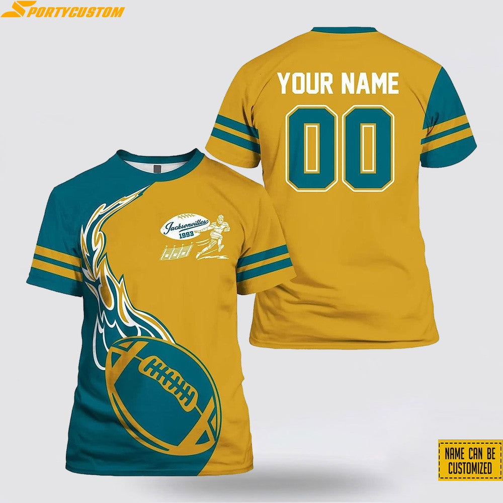 Jacksonville Jaguars Fire Ball Custom Name & Number All Over Printed T-Shirt - Gold/Teal