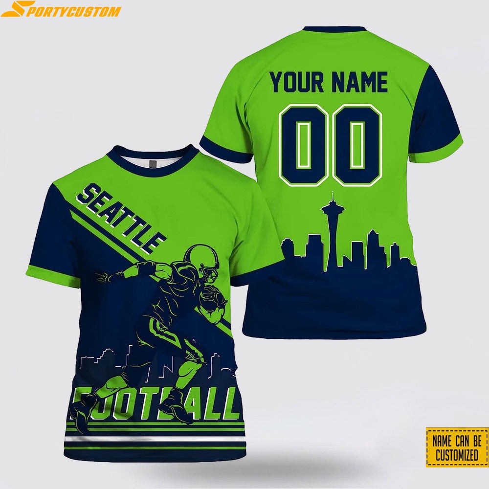 Seattle Seahawks Player Custom Name & Number All Over Printed T-Shirt - Green/Navy