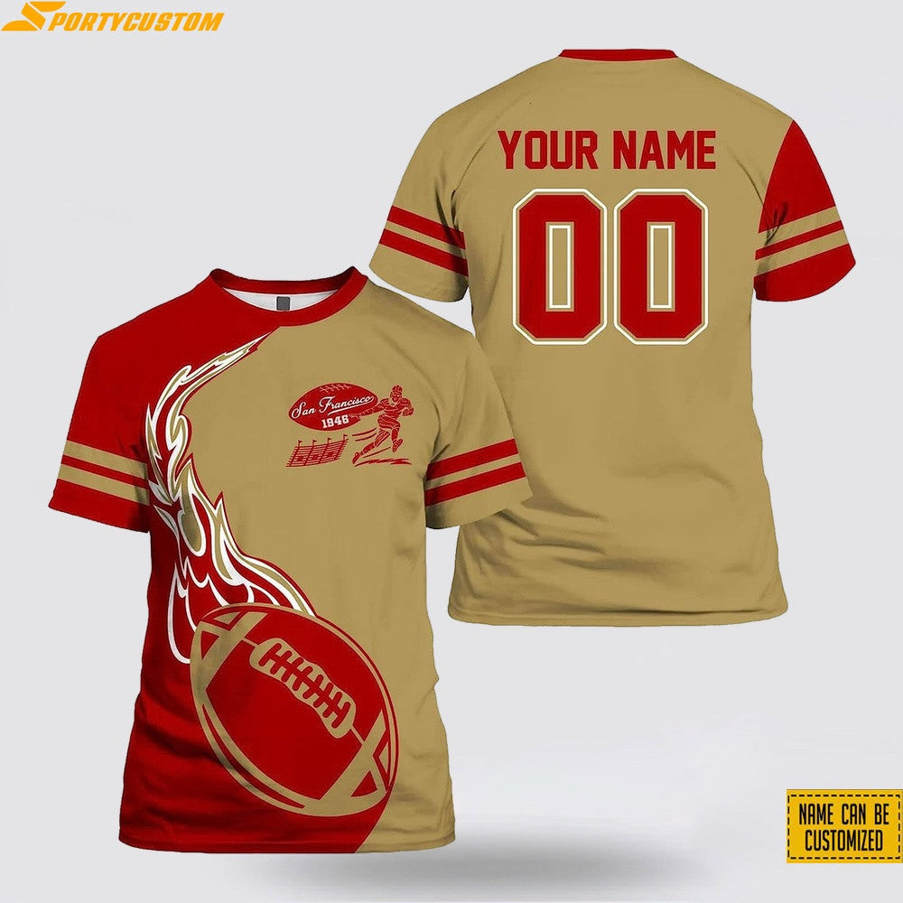 San Francisco 49ers Fireball Custom Name & Number All Over Printed T-Shirt - Red/Gold
