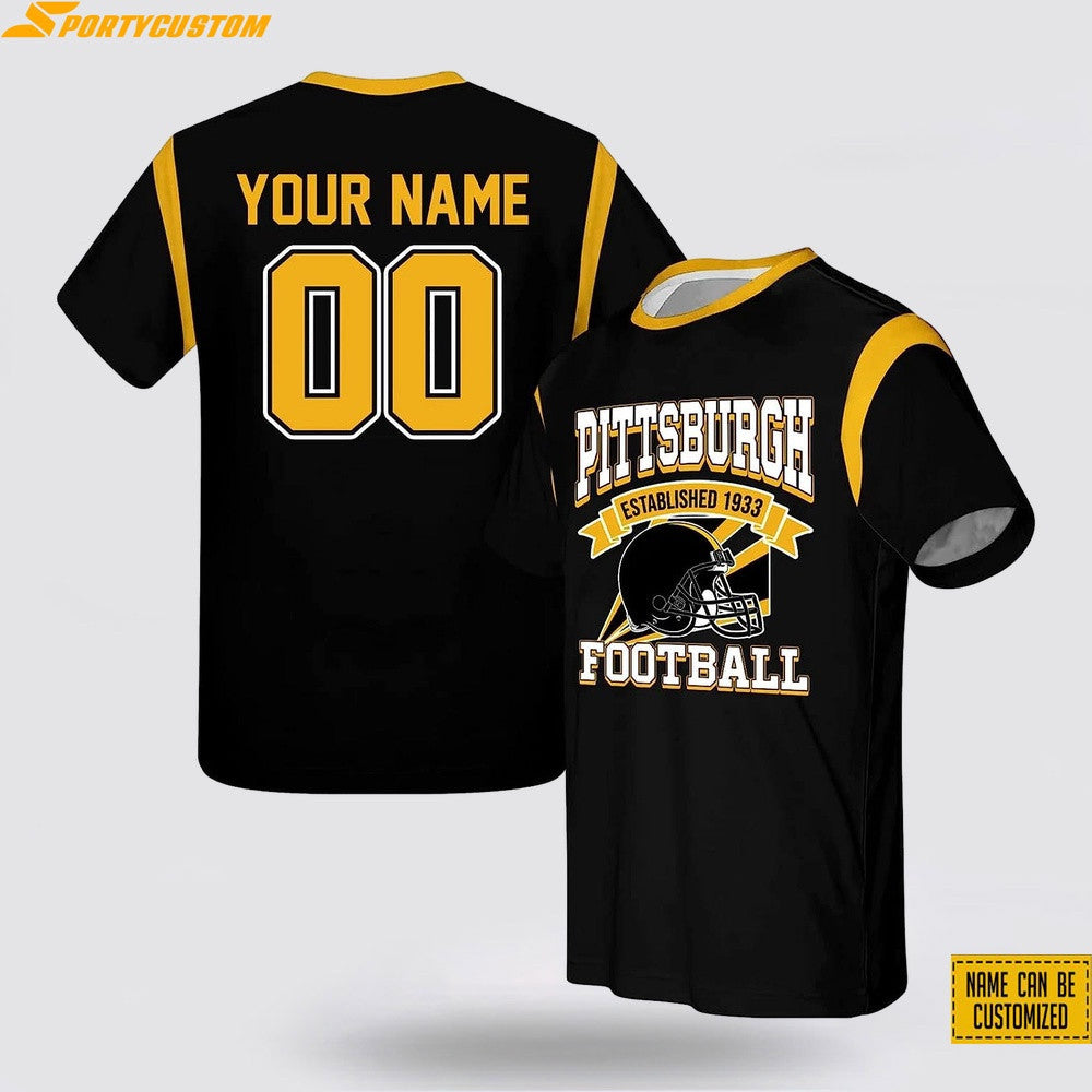 Pittsburgh Steelers Helmet Football Custom Name & Number All Over Printed T-Shirt - Black